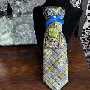 Blue and Gold Plaid Tie with Embellishments